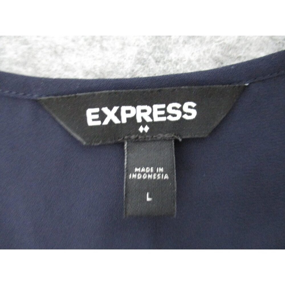 Express Button Front Sheer Sleeveless Navy Blue Blouse Womens L Ruffled - Picture 9 of 14